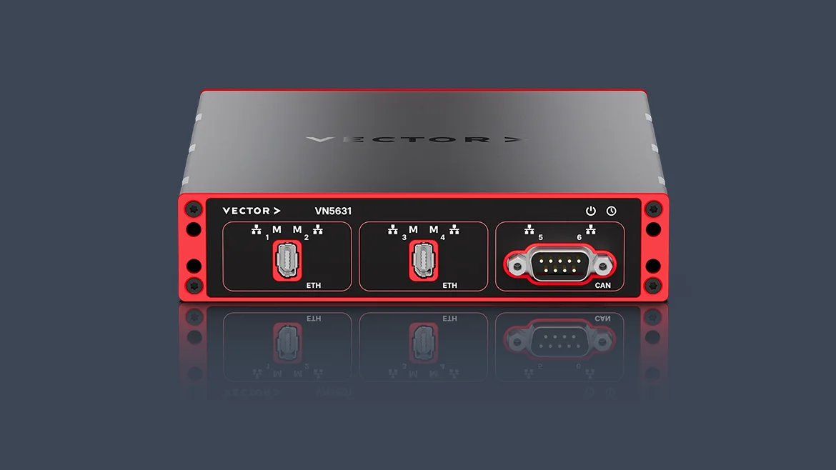 VN5631 10BASE-T1S interface Rendering of a VN5631 Network Interface shown from the front on a dark grey background.