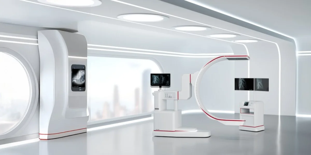 Vector supports MedTech software innovation with full traceability and control across regulated development stages. Vector concept image of a futuristic operation room with c-arm and monitor and curved walls, integrated displays, and two freestanding clinical workstations.