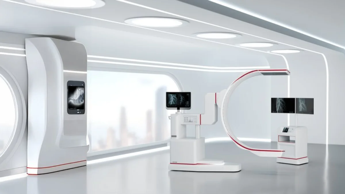 Vector supports MedTech software innovation with full traceability and control across regulated development stages. Vector concept image of a futuristic operation room with c-arm and monitor and curved walls, integrated displays, and two freestanding clinical workstations.