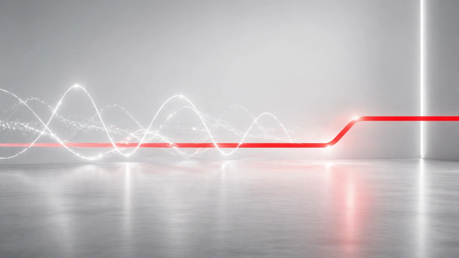 Technical signal-flow image for the ECU Tests with CANoe course. Minimalist photorealistic course image featuring a refined red signal line, soft waveform structures, and a clean studio background, visually representing ECU testing, communication, and analysis with CANoe.