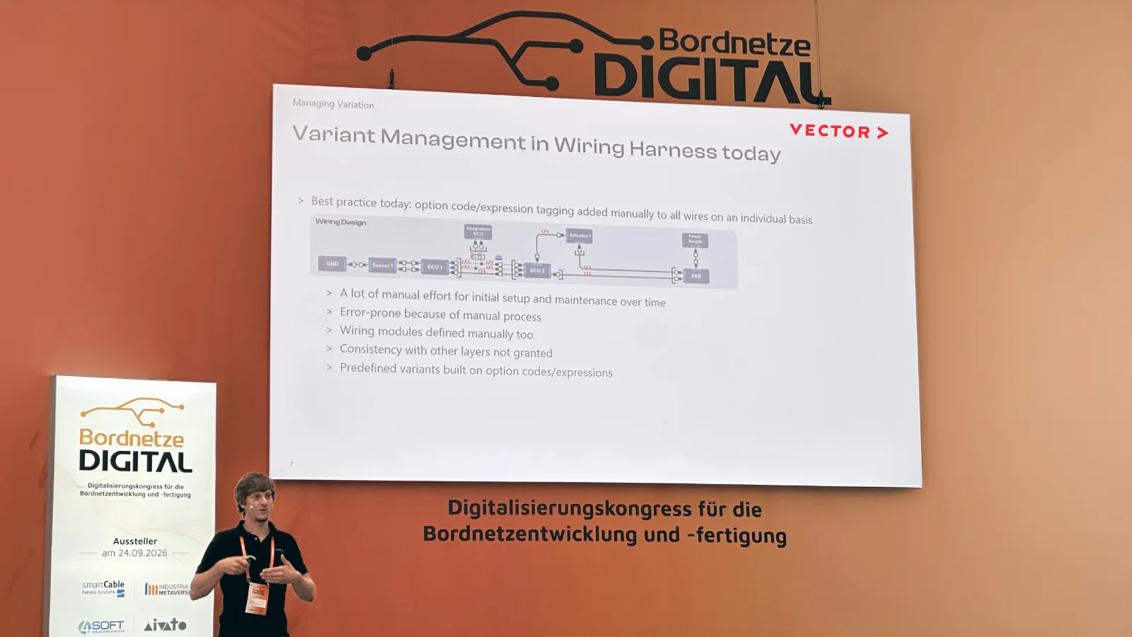 Bordnetze Digital 2026 Harald Bucher, Senior Product Management Engineer for PREEvision and wiring harness development at Vector, presented how PREEvision keeps wiring harness data continuous.