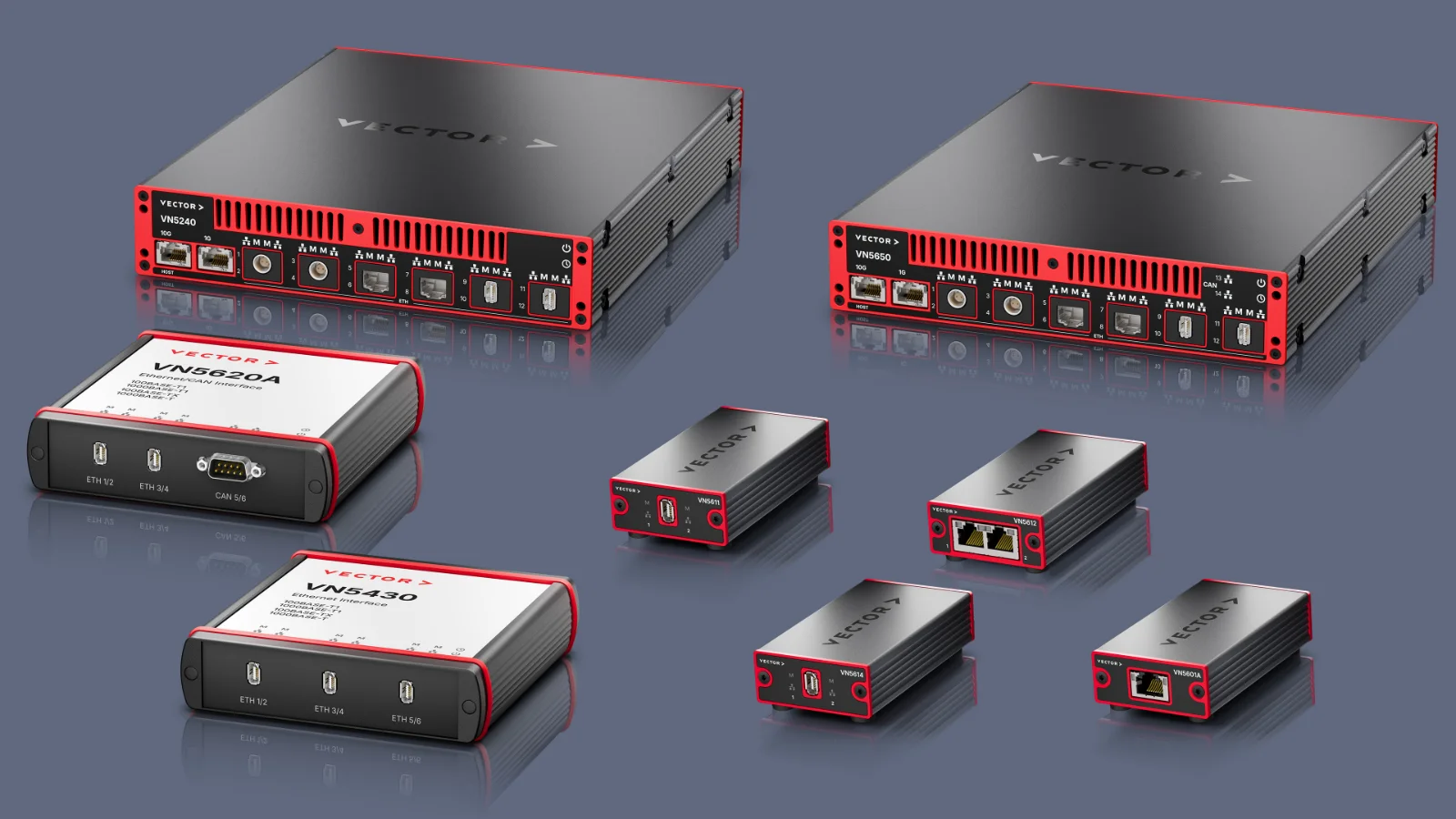 Product lineup of Vector VN5000 network interfaces displayed on a gray background.