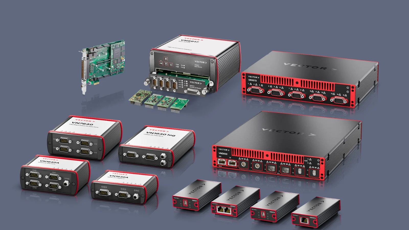 Network Interfaces Family A lineup of Network Interfaces: a PCIe card, the modular VN8917 with plug-in boards, the VN7640, VN1640A, VN1630 log and VN1630A, the multi-port VN1670 and VN5650, and the compact VN5611, VN5612, VN5614 and VN5601A.