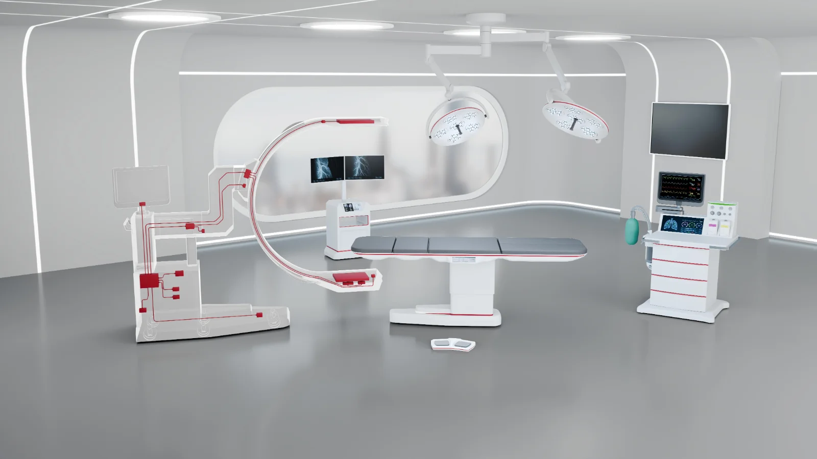 Futuristic Medical Operration Room Futuristic OR with C-arm, OR table, ventilator, monitor, lights, foot switch