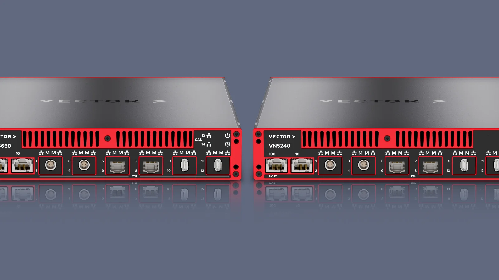 Side-by-side front view comparison of the VN5650 and VN5240 network interfaces on a grey background