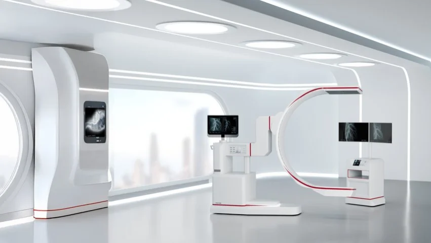 Vector supports MedTech software innovation with full traceability and control across regulated development stages. Vector concept image of a futuristic operation room with c-arm and monitor and curved walls, integrated displays, and two freestanding clinical workstations.
