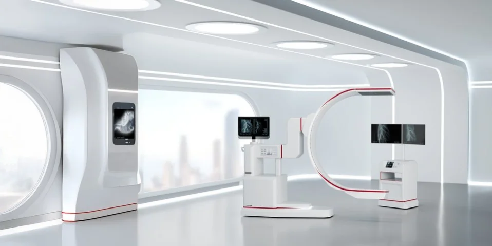 Vector supports MedTech software innovation with full traceability and control across regulated development stages. Vector concept image of a futuristic operation room with c-arm and monitor and curved walls, integrated displays, and two freestanding clinical workstations.