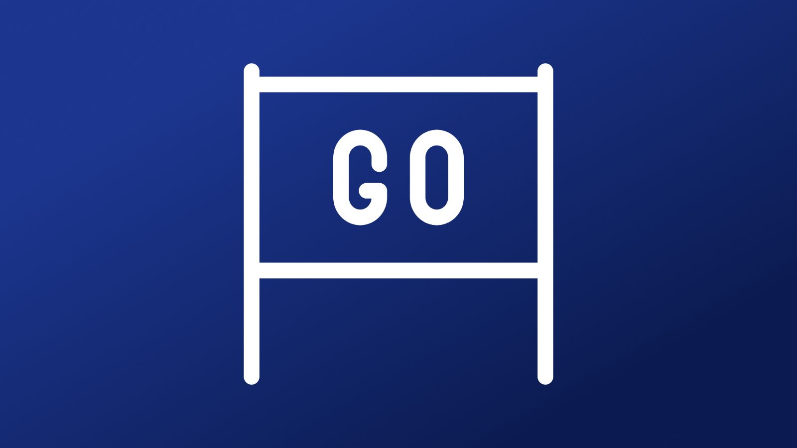 Vector illustration of a white sign-like frame with the word GO in the center on a blue gradient background.