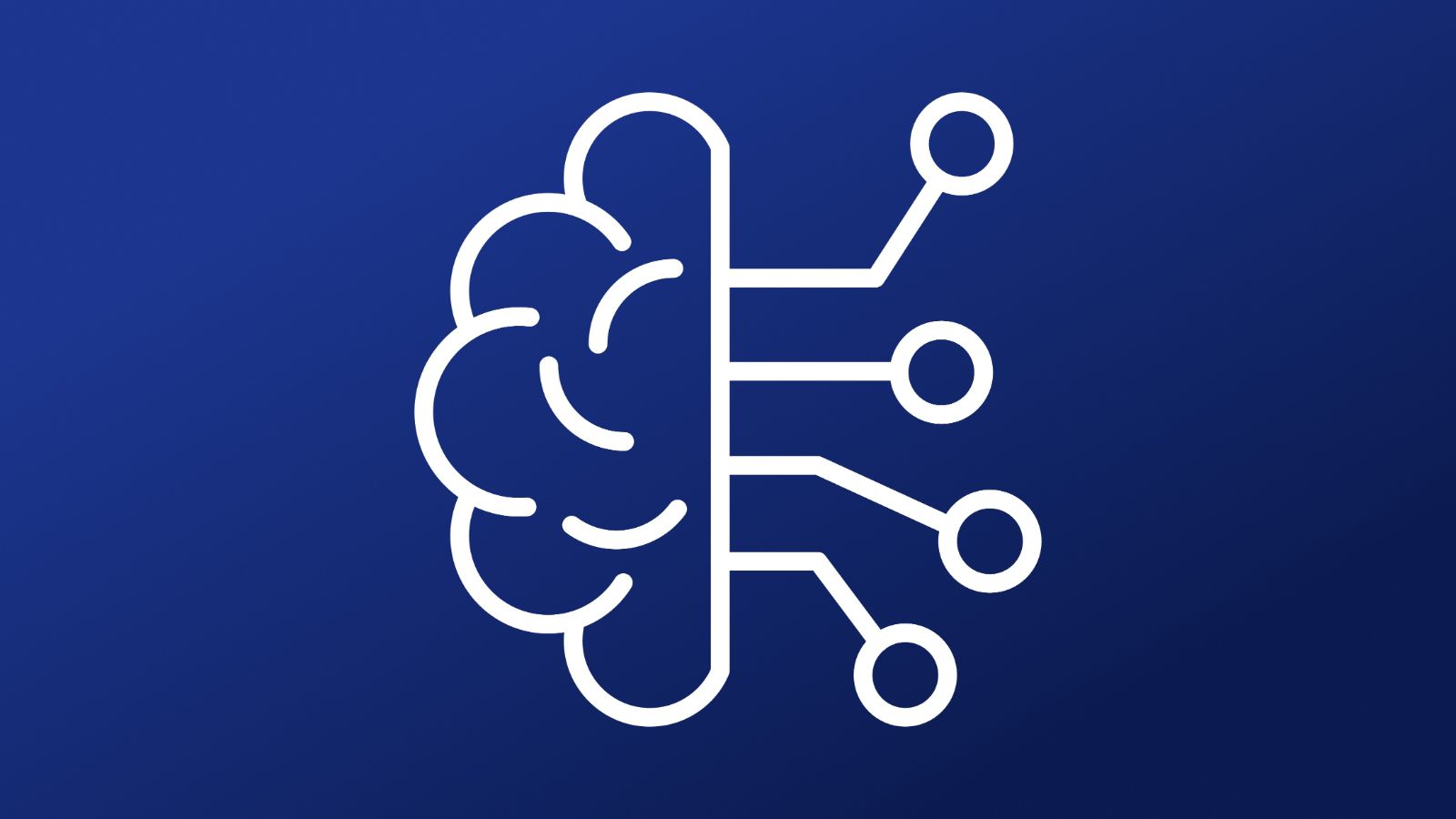 Vector illustration of a white brain-and-circuit icon with connected lines and circular nodes on a blue gradient background.