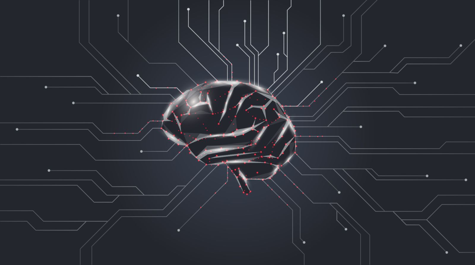 With Vector AI, you apply deep engineering knowledge to complex processes and move from analysis to action with more confidence. Vector illustration of a glowing digital brain with white and red highlights on a dark background, with circuit lines radiating outward from the center.