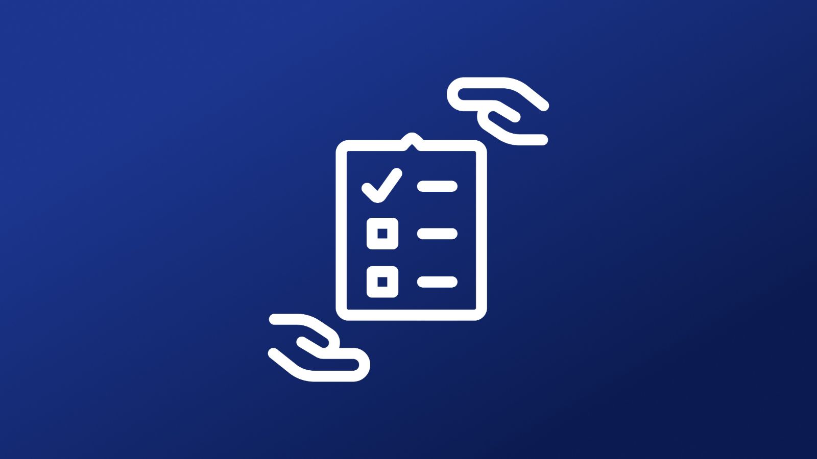 Vector illustration of a white checklist icon with a check mark, square list items, and two stylized hands around it on a blue gradient background.