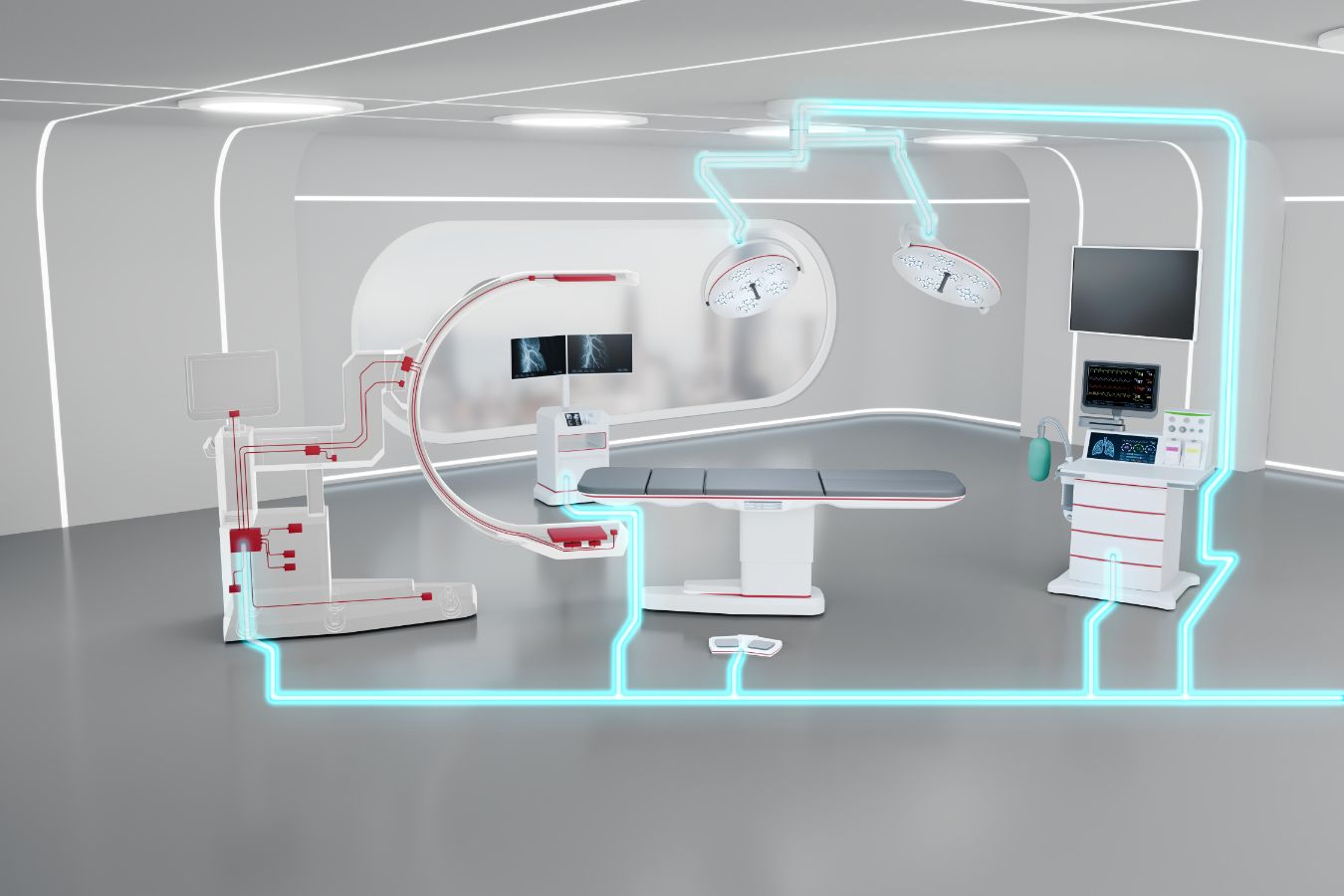 SDC connected OR room futuristic and fully SDC connected OR room with c-arm, patient monitor, ventilator, or table, foot switch, lamps