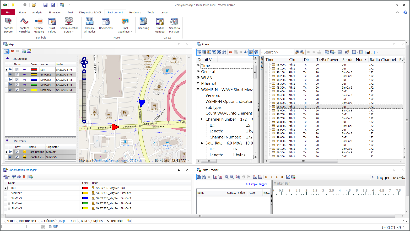 CANoe.Car2x environment for simulating and analyzing V2X communication, featuring a live map view, virtual ITS stations, message tracing, and protocol-level network analysis.