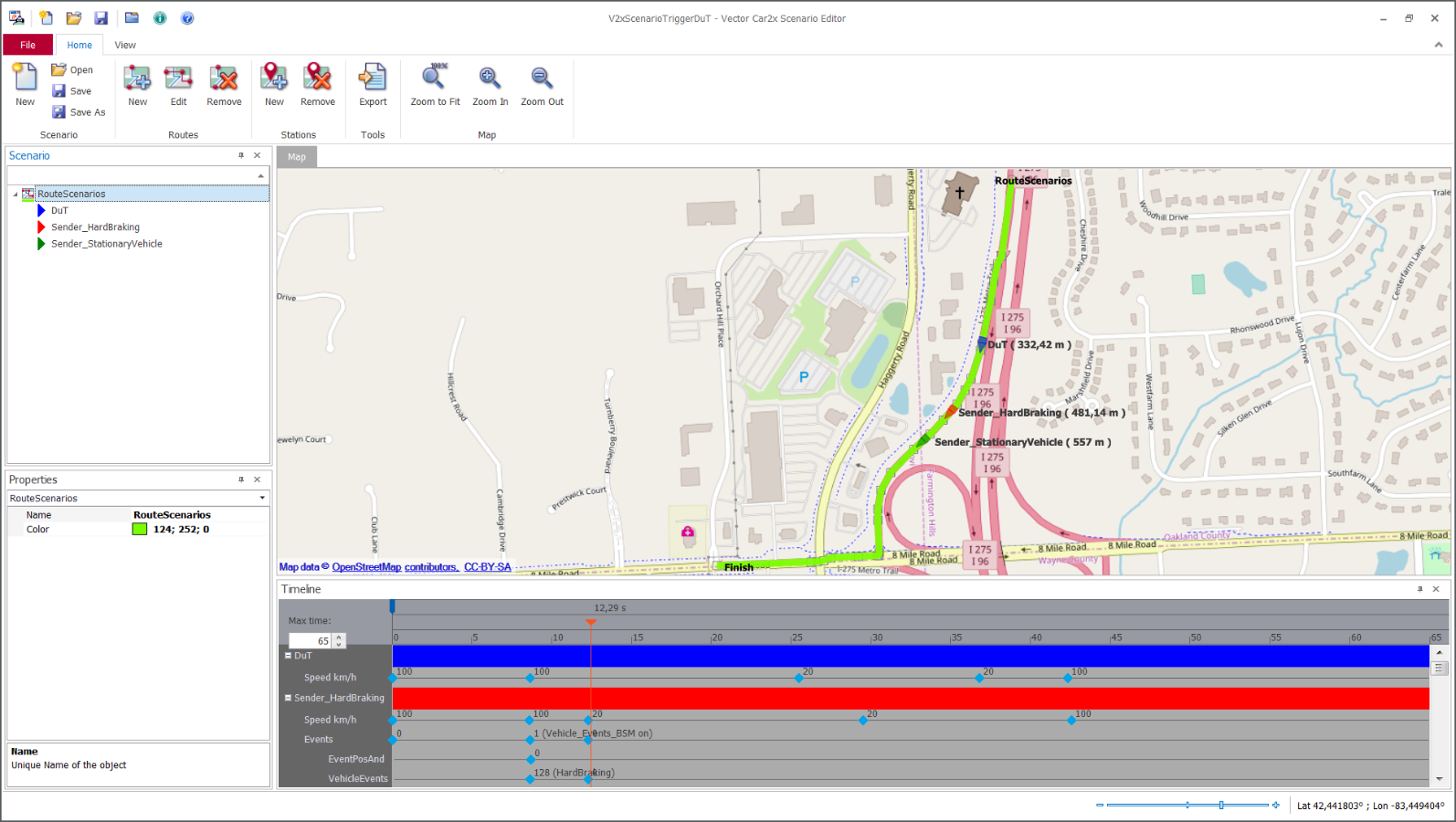 Screenshot: Creating complex traffic scenarios for V2X communication testing with the CANoe.Car2x Scenario Editor. Realistic simulation with virtual vehicles, infrastructure, and ITS stations.