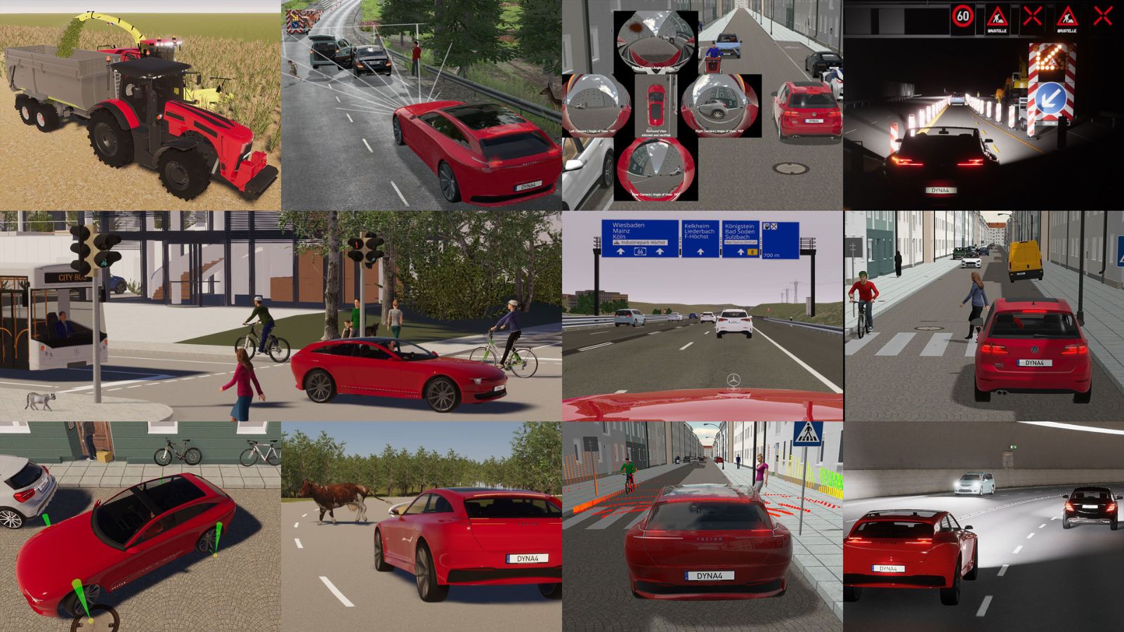 Application examples: ADAS testing in DYNA4 Overview of ADAS validation scenarios from DYNA4 simulation environment, showing urban, highway and rural environments with vehicles, pedestrians, cyclists, obstacles, roadworks, animal crossings, and sensor-based perception analysis.