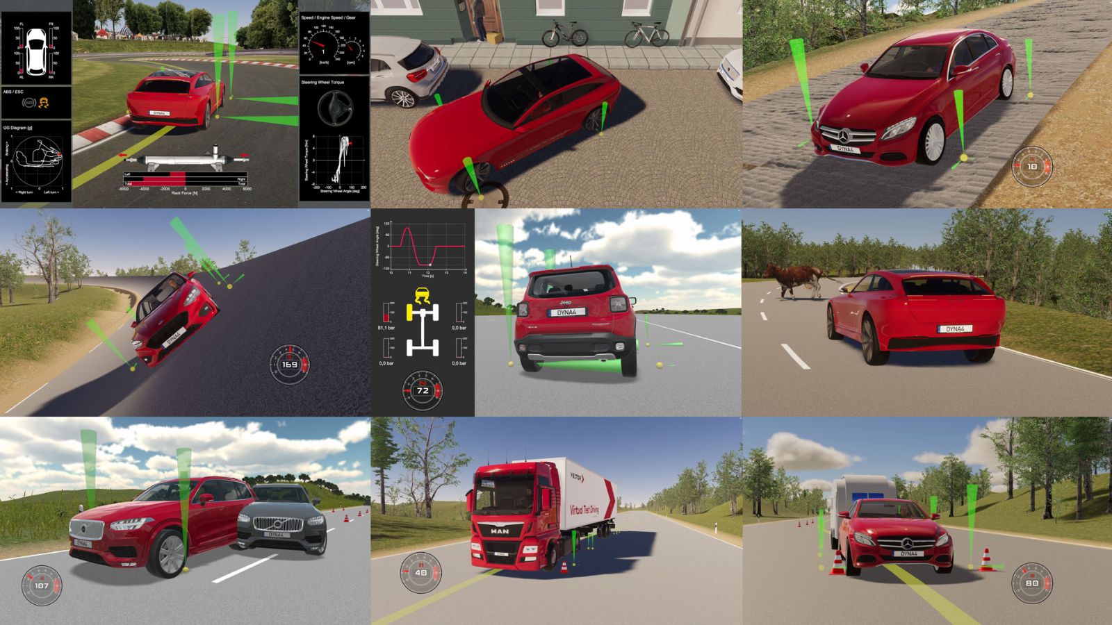 Application examples: Vehicle dynamics testing with DYNA4 Vehicle dynamics simulation scenarios in virtual test drives with DYNA4, including handling tests, obstacle avoidance, roll and stability events, commercial vehicles, off-road conditions, and interactions with traffic participants and obstacles.