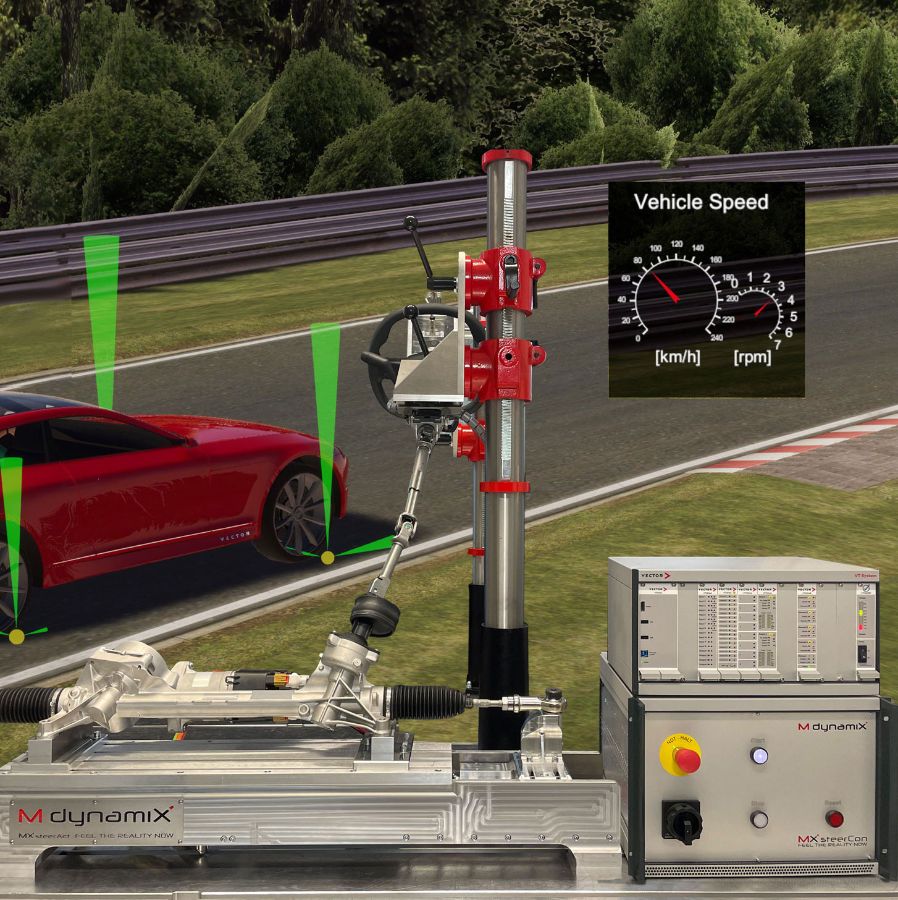 Steering-HIL-Vector-Mdynamix_prev.jpg HIL test of steering sytems: Mdynamix test bench with Vector real-time hardware and vehicle dynamics simulation in DYNA4.