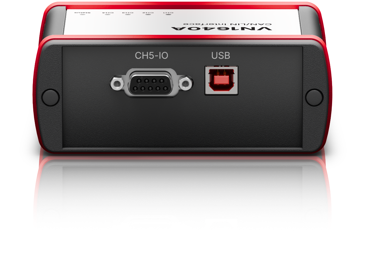 Rendering of the VN1640A interface showing CH5-IO and USB connectors on the rear panel