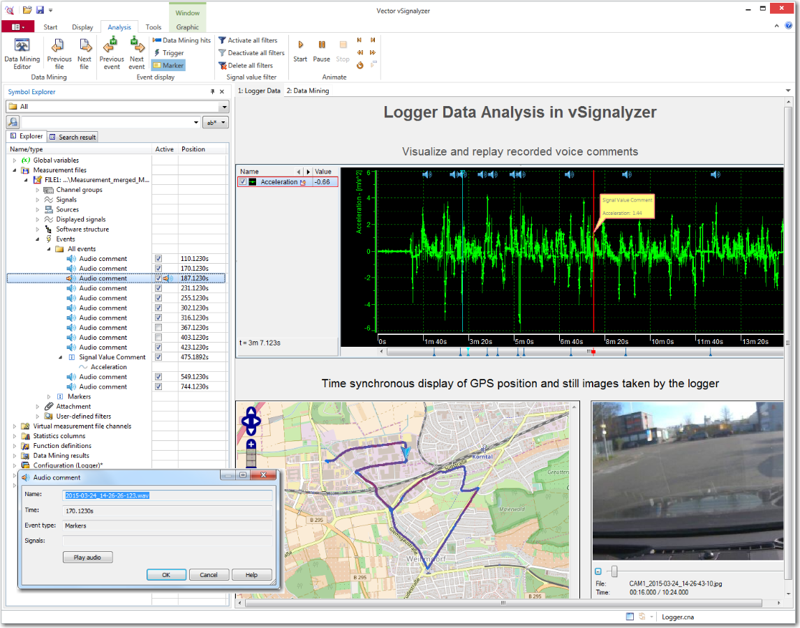 Audio comments to explain the driving situation can be displayed in the Graphic Window and played with a double-click.